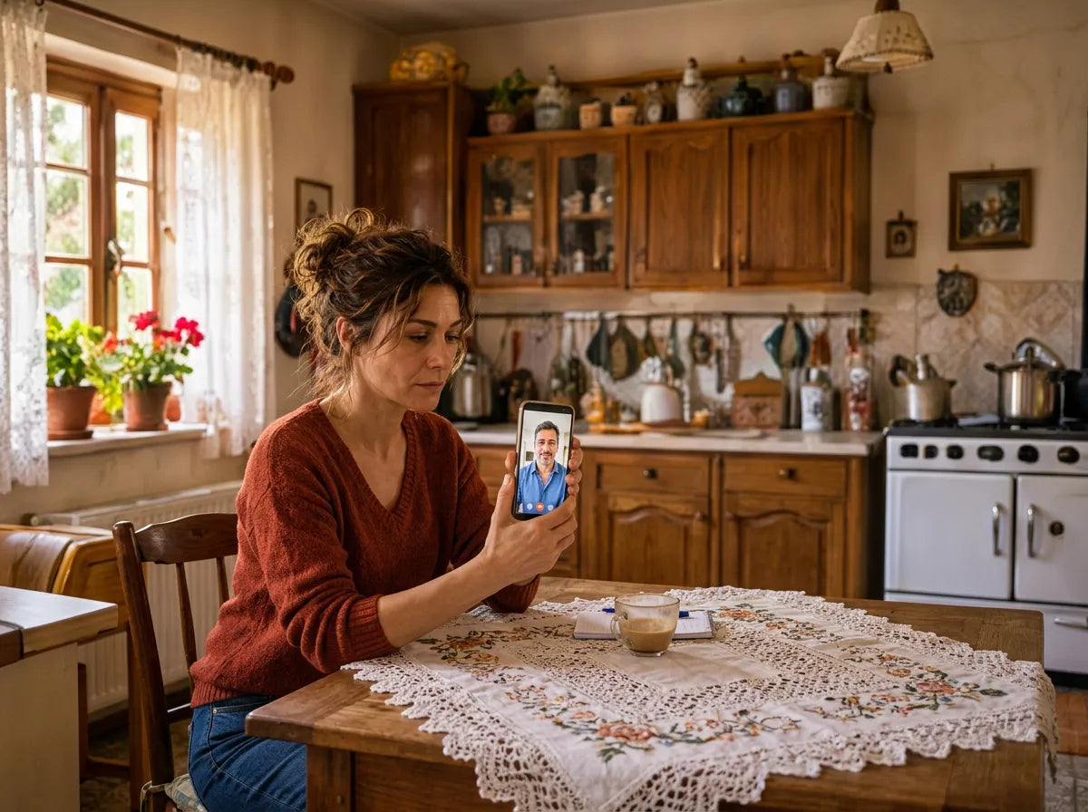 Muškarac u kuhinji razgovara telefonom s bratom dok na stolu stoje papiri i šoljica kafe