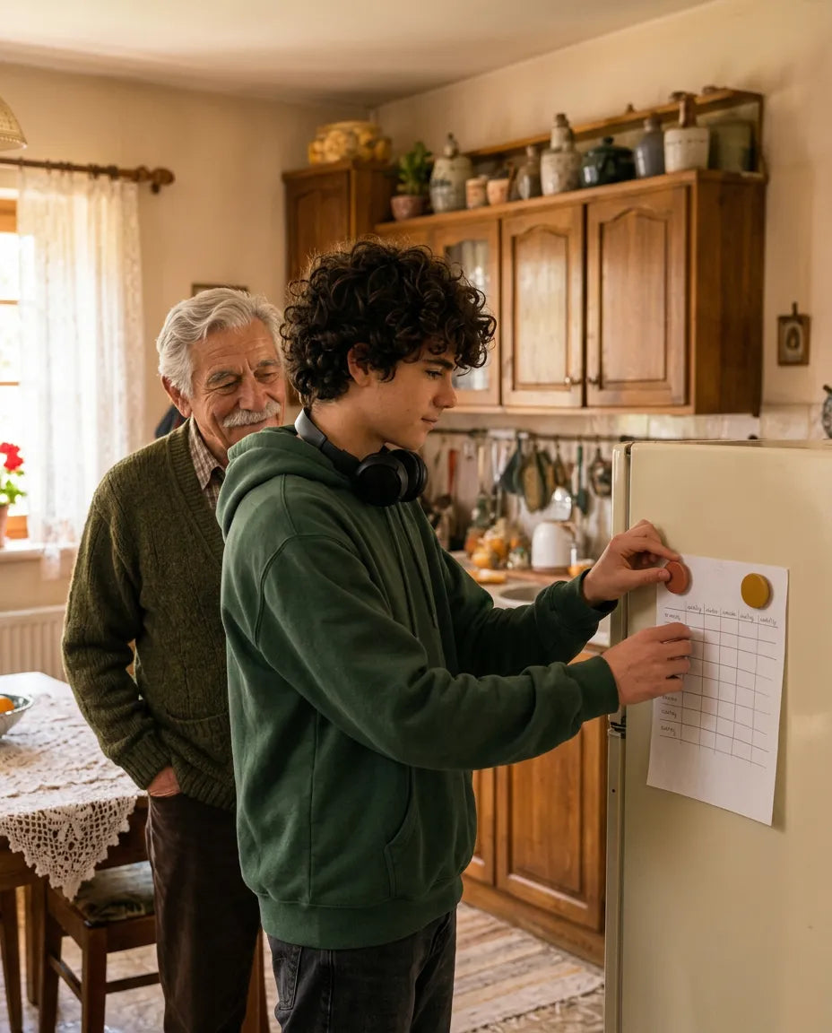 Unuk magnetima kači raspored na frižider dok djed stoji iza njega i smiješi se